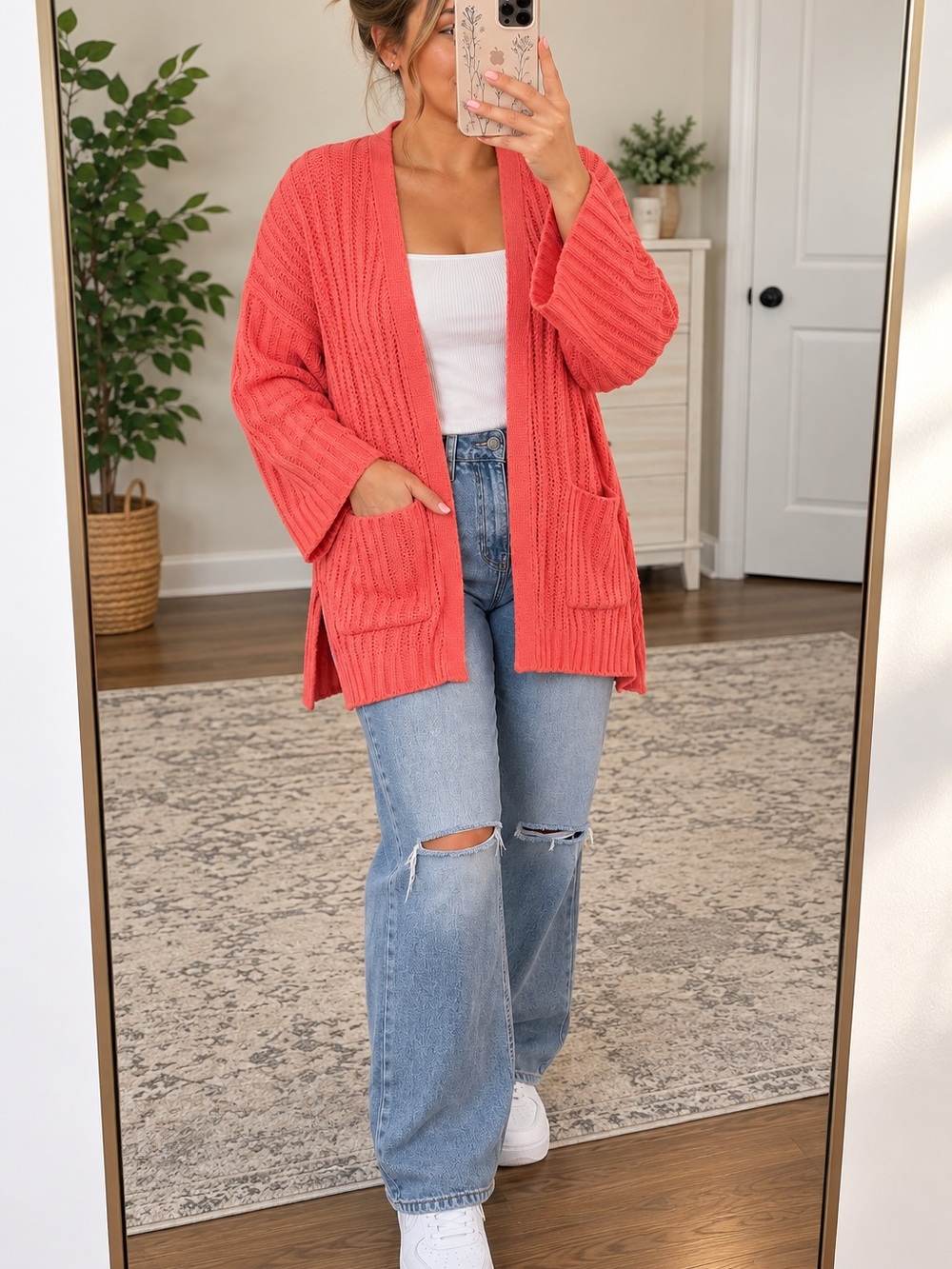 American Eagle Coral Open Front Chunky Knit Cardigan Women’s M Oversized